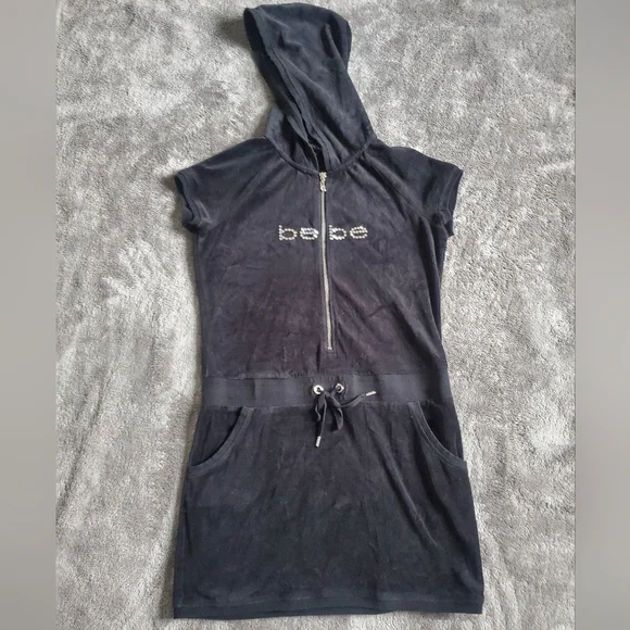 BEBE Black Velour With Rhinestone Y2K Hooded Dress Size M - Picture 2 of 12
